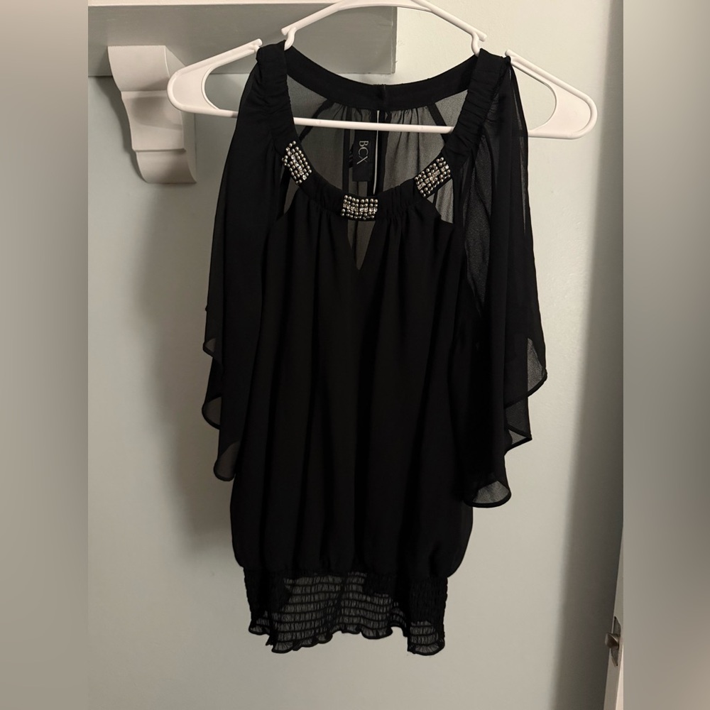 BCX Black Chiffon Top with Embellished Neckline